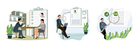 Recruitment agents candidate has a job interview, look and analyze candidate resumes. vector