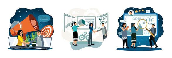 Businessmen and colleagues collaborate online, analyzing charts and data for business insights. vector