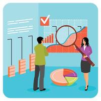 Man and Woman Analyzing Charts and Graphs at Business Dashboard. vector