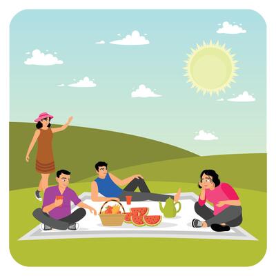 Friends Enjoy Sitting on Blankets, Eating, Drinking at a Picnic on Green Hill.