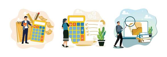 An accountant calculates cost estimates and budgets company's finances and create finance report. vector