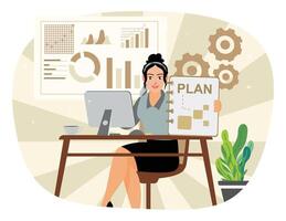 Businesswoman working in front of computer and making work plan. vector