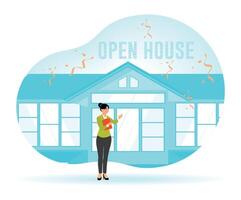 Open House Concept. Female Property Agent Holds Open House Event at Modern Property. vector