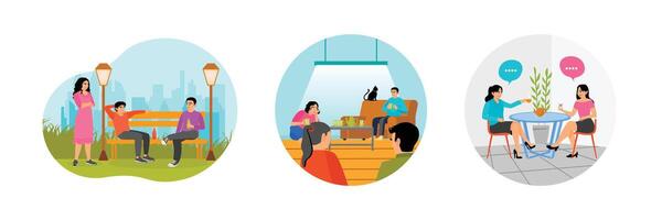 Chatting on a Park Bench. Group of Friends Talking. Drinking Tea and Conversation at Modern Cafe. vector