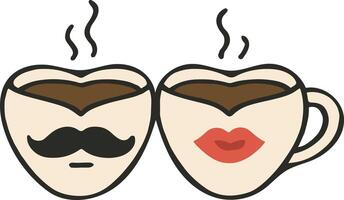 Heart-Shaped Coffee Mugs with Mustache and Lips Design, Romantic Illustration vector