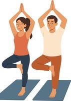 Illustration of a Couple Practicing Tree Pose Yoga on Mats vector