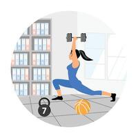 Exercising at Home. Woman does Exercising with Dumbbells and Kettlebells at Home. vector