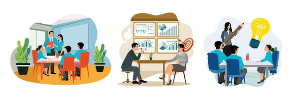 Entrepreneurs meet with clients, provide direction to clients, brainstorm with creative team. vector