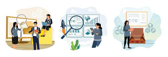 Office workers store data and files, analyzing financial data with magnifying glass for success. vector
