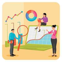 Business Team Analyzing Data Metrics on Digital Charts and Graphs on Big Laptop. vector