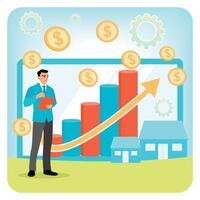 Property Market Concept. Man Analyzing Growth in Financial Data and Property Investment Charts. vector