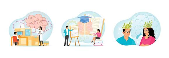 Scientists Conducting Brain Research Analysis. Learning with Brain Process. Mind Health Concept. vector