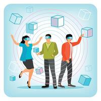Group of People Wearing Virtual Reality Headset and Looking at Abstract VR World. vector