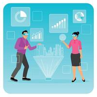 Man and Woman Interacting in Augmented Reality Glasses Designing Building. vector