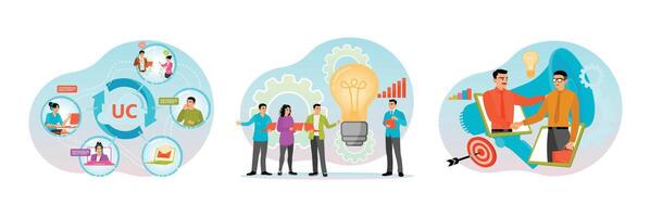 Unified Communications Platform. Discussing Innovative Ideas. Shaking Hands in Virtual Meeting. vector