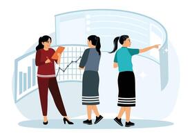 Business teams check graphs, statistical data online. vector