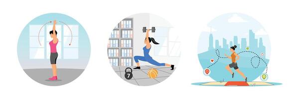 Jumping Jack Exercise. Exercising with Dumbbells and Kettlebells. Jogging With Fitness Icons. vector