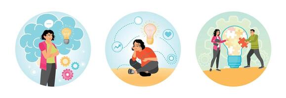 Thinking with a Light Bulb. Sitting Amidst Imaginary Symbols. Assemble Light Bulb Puzzle. vector