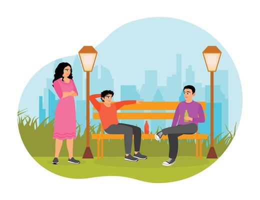 Friends Spend Time Together While Chatting and Drinking on a Park Bench.