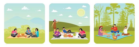 Enjoying a Picnic on the Grass Field. Picnic on Green Hill. Picnic on a spring day. vector