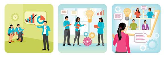 Business Meeting and Presentation. Discussing and Brainstorming. Virtual Business Conference. vector