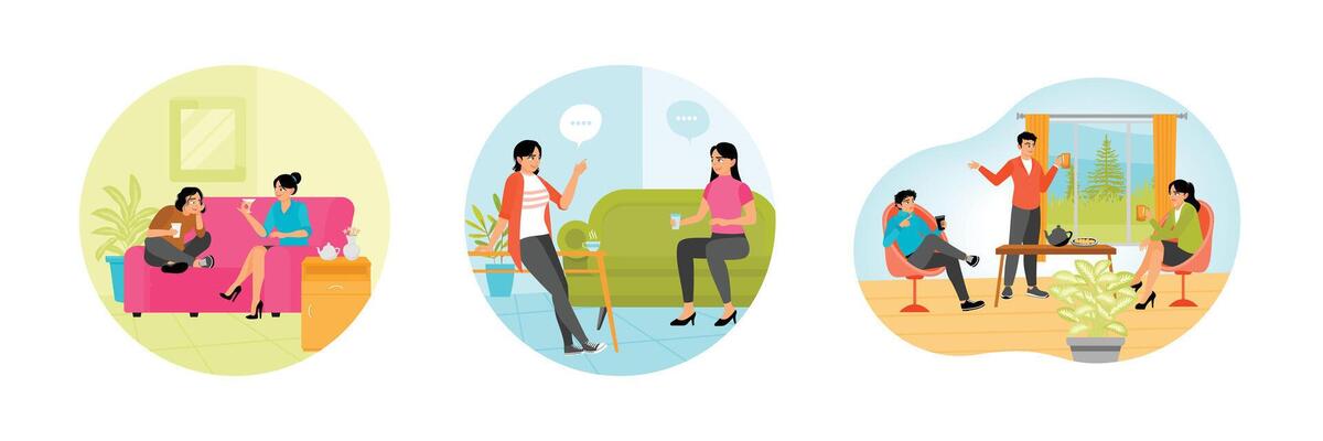 Women Sitting Drinking Tea and Gossiping. Having a Friendly Conversation. Friends Meeting at Home.