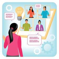 Virtual Business Conference Calls with Team Members Collaborating and Brainstorming Online. vector