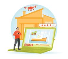 Real Estate Tour. Man Operating Drone with Technology Interface for Smart Home Control. vector