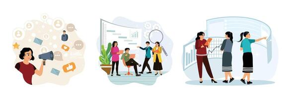 Advertising launch strategies, discussing and analyzing marketing data using electronic devices. vector