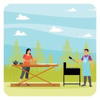 Couple Having a Barbecue Picnic with a Grill and a Picnic Table on a Lawn. vector