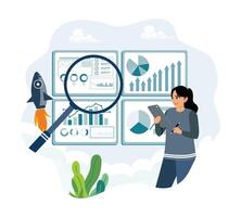 Businesswoman analyzing data visualizations with magnifying glass for success. vector