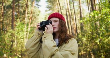 A photographer takes a photo of nature. A woman stands in the middle of the forest