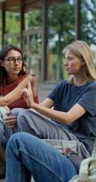A group of people are talking while sitting on the university steps on a summer day photo