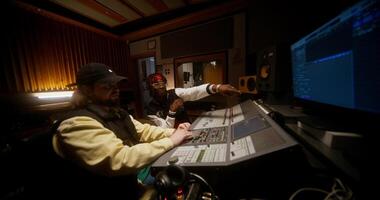 A sound engineer and a singer are discussing a recorded song in a studio. They are sitting in front of an audio mixer photo