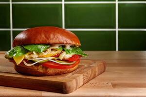 Delicious sandwich with chicken, cheese, tomato, onion and basil leaves resting on wooden cutting board photo