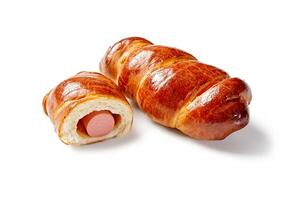 Sausage rolls displaying filling on white background photo