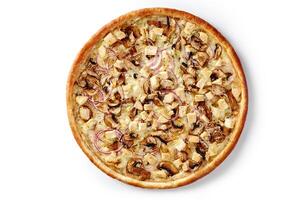 Delicious pizza with grilled chicken, mushrooms, and red onions on white background photo