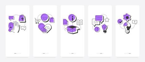 Consultant skills mobile app onboarding screens. Customer service. Communication, knowledge, Problem solving. Flat UI UX design, purple highlight with outline icons conceptual vector