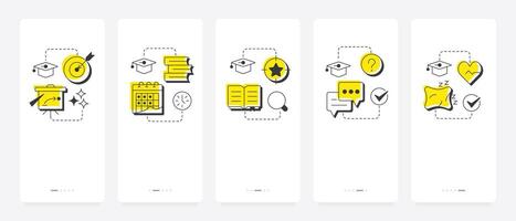 Studying methodology mobile app onboarding screens. Learning strategy, goals. Heath care. Academic, knowledge. Flat UI UX design, yellow highlight with outline icons conceptual vector