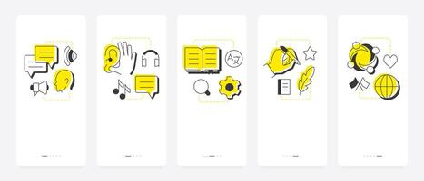 Language learning mobile app onboarding screens. Speaking, listening. Reading, writing. Communication, studying. Flat UI UX design, yellow highlight with outline icons conceptual vector