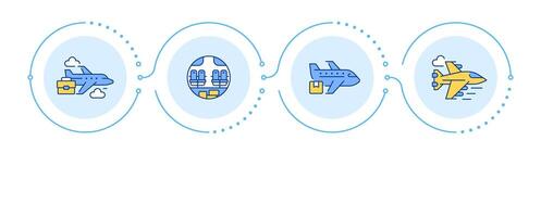 Different aircraft categories infographic 4 steps. Avionics, business. Commercial airplanes. Flow chart infochart. Editable info graphics icons vector