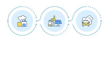 Carbon gas emissions infographic 3 steps. Environment ecology. Sustainable electrification strategy. Flow chart infochart. Editable info graphics icons vector