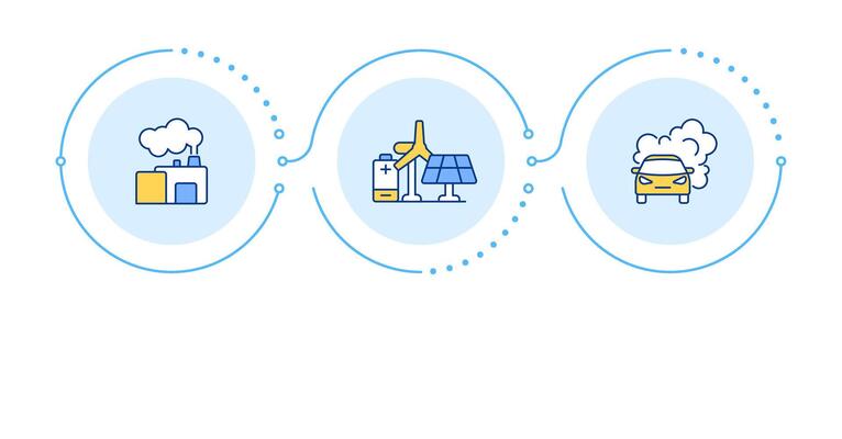 Carbon gas emissions infographic 3 steps. Environment ecology. Sustainable electrification strategy. Flow chart infochart. Editable info graphics icons