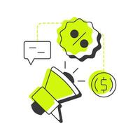 Promotion modern linear concept icon. Product advertising. Marketing strategy. Price, cost. Business, commerce. Flat outline elements connected with dotted lines. Creative visual. Easy to edit vector