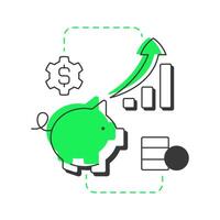 Economy modern linear concept icon. Financial metrics, statistical chart. Money savings. Income, profit. Flat outline elements connected with dotted lines. Creative visual. Easy to edit vector