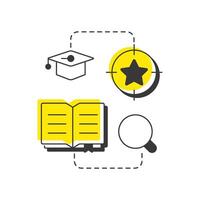 Active learning strategies modern linear concept icon. Education, studying. Research, knowledge. Graduation cap, book. Flat outline elements connected with dotted lines. Creative visual. Easy to edit vector