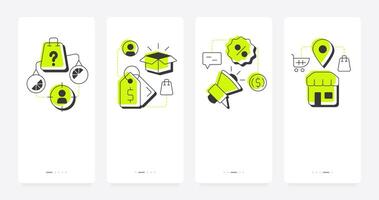 Product development mobile app onboarding screens. Business strategy. Marketing, promoting. Commerce, market. Flat UI UX design, green highlight with outline icons conceptual vector