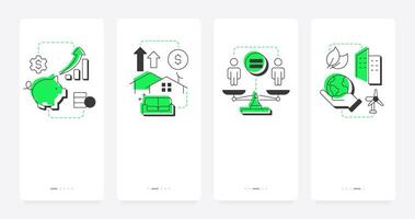 Social economy mobile app onboarding screens. Living conditions. Financial equality, Ecology preservation. Flat UI UX design, green highlight with outline icons conceptual vector