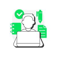 Writing skills flat outline concept icon. Language learning competence. Expressing ideas through written word. Modern line illustration with green glyphs. Conceptual visual. Easy to edit vector