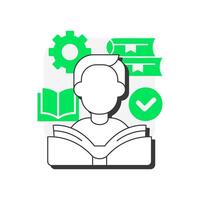 Writing skills flat outline concept icon. Language learning. Decoding meaning from text ability. Word recognition. Modern line illustration with green glyphs. Conceptual visual. Easy to edit vector